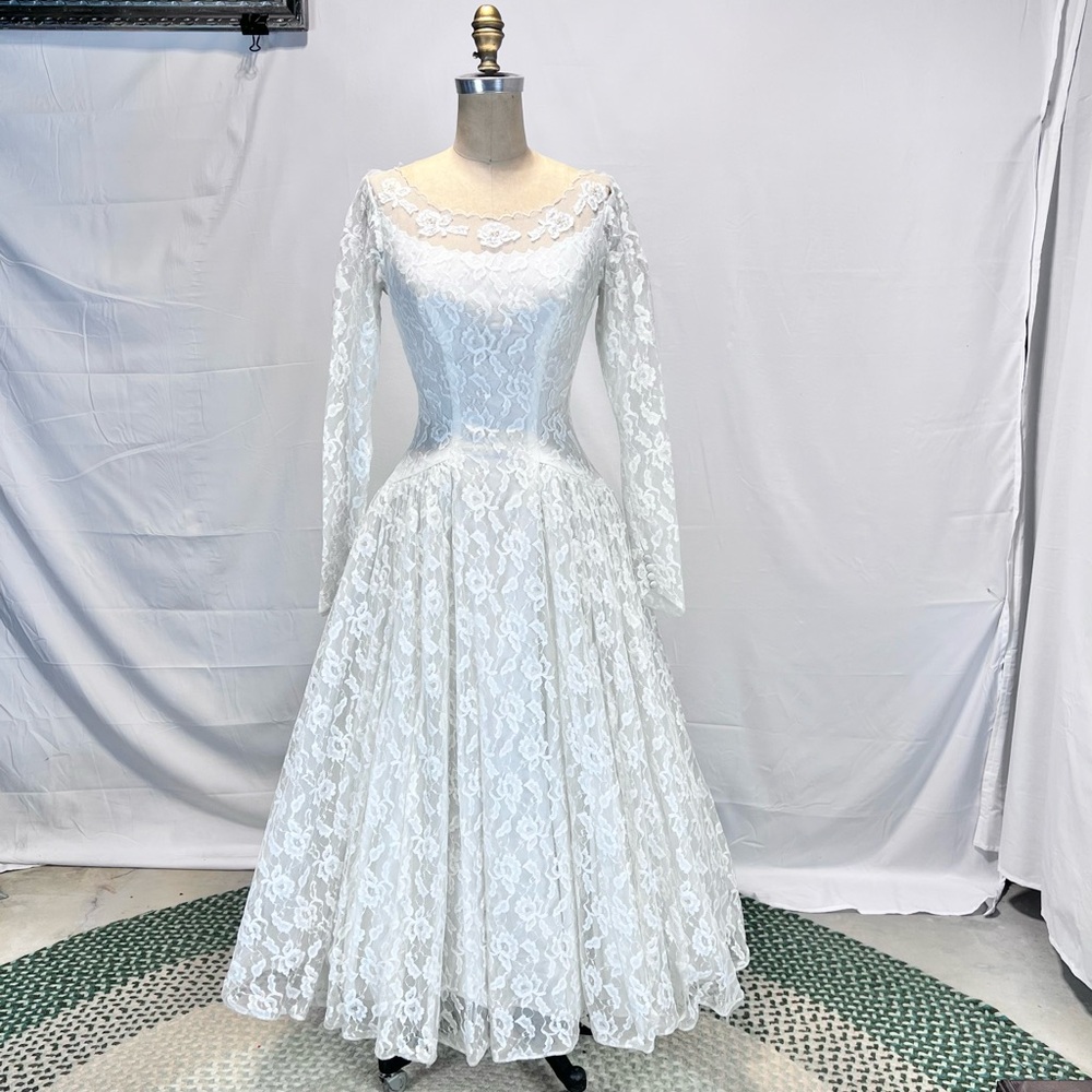 VINTAGE MCM 50s mid century lace wedding dress gown full long sleeve floral - Picture 12 of 16